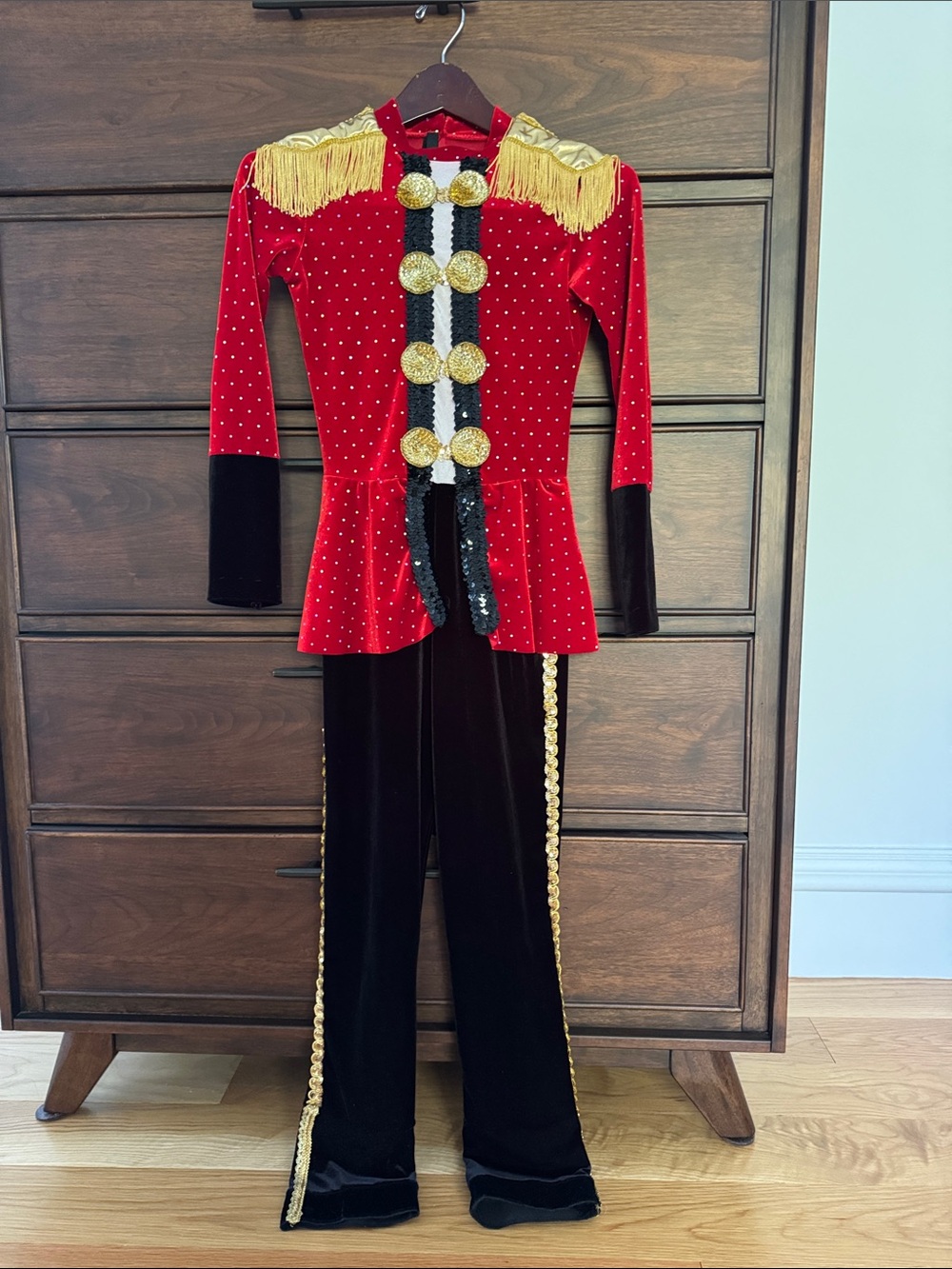 Red and Black Velvet Military-Style Jumpsuit with Gold Trim, LC